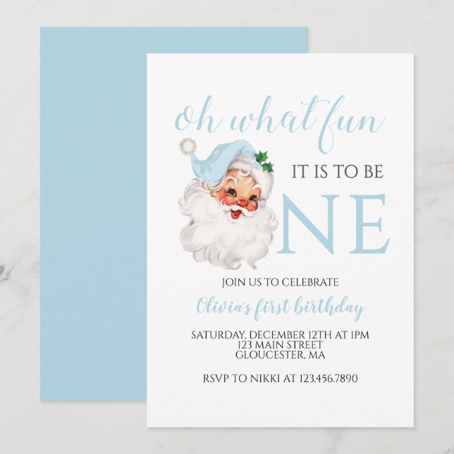 Invitación Cumpleaños azul de Santa Navidad Primero (Anverso / Reverso)