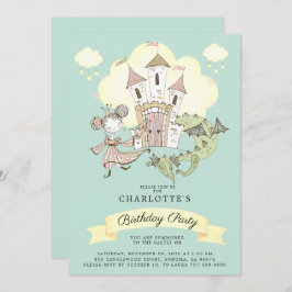 Invitación Cumpleaños Azul del Chica Dragón Princesa Castillo
