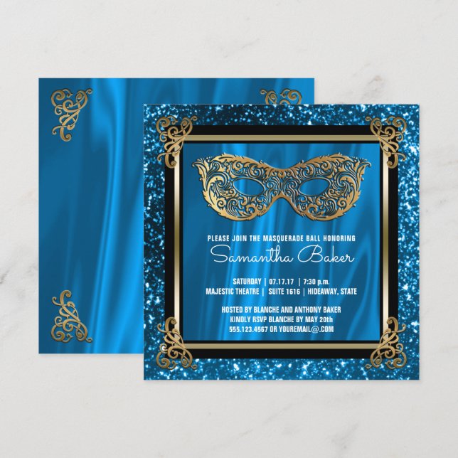 Invitación Cumpleaños azul del dulce dieciséis de la (Anverso / Reverso)