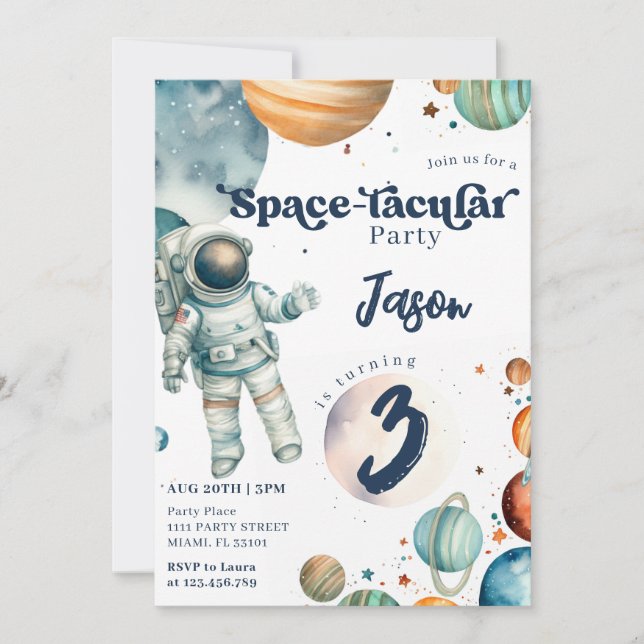 Invitación Cumpleaños Azul del Niño Astronauta del Espacio (Anverso)