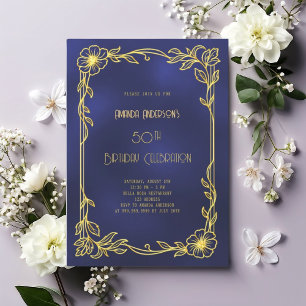 Invitación Cumpleaños azul dorado Art Deco Gatsby