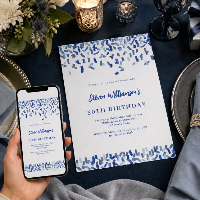 Invitación Cumpleaños azul marino blanco confeti hombre chico (Subido por el creador)