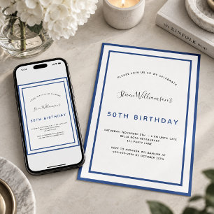 Invitación Cumpleaños azul marino blanco minimalista hombre