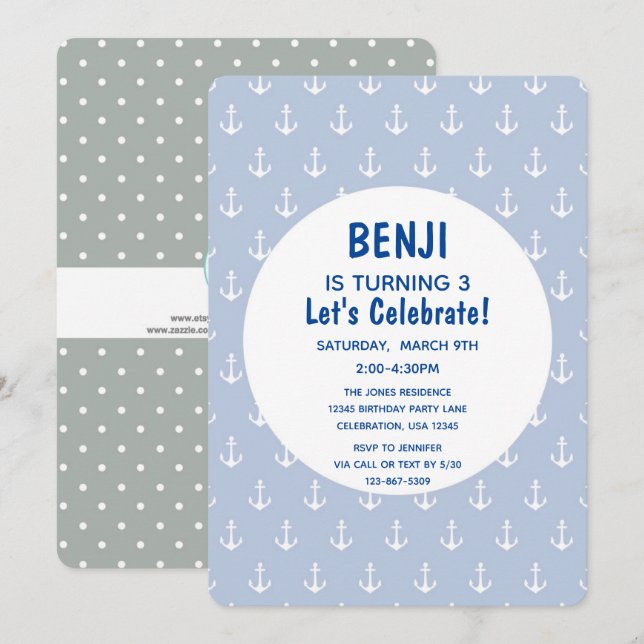 Invitación Cumpleaños Azul Náutico y Ancla de Marina (Anverso / Reverso)
