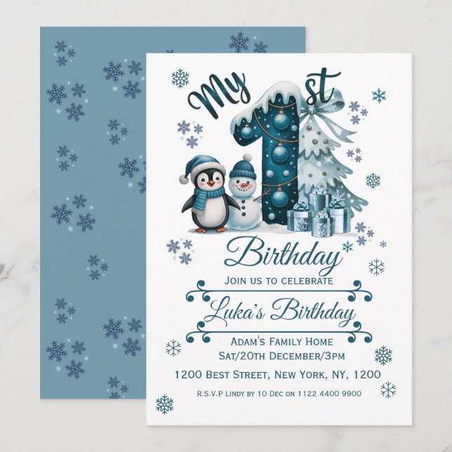 Invitación Cumpleaños azul número 1 de Navidad (Anverso / Reverso)