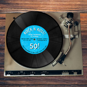 Invitación Cumpleaños Azul Rock N Roll Disco de Vinilo Retro