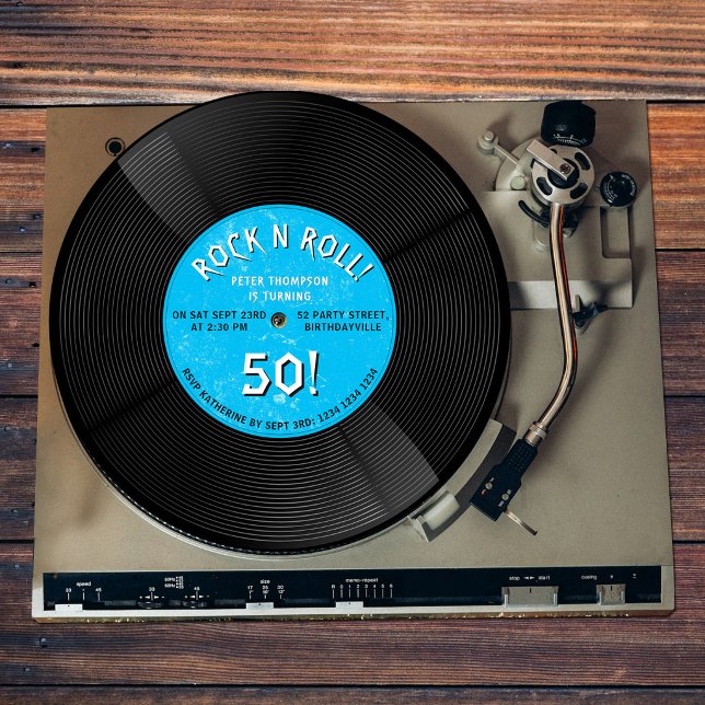 Invitación Cumpleaños Azul Rock N Roll Disco de Vinilo Retro (Retro Vinyl Record Rock N Roll Blue Birthday Invitation)