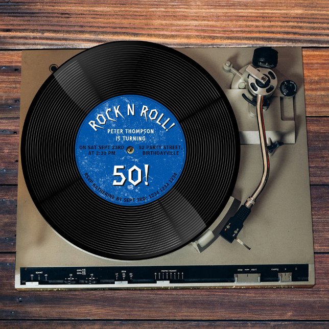 Invitación Cumpleaños Azul Rock N Roll Disco de Vinilo Retro (Retro Vinyl Record Rock N Roll Blue Birthday Invitation)