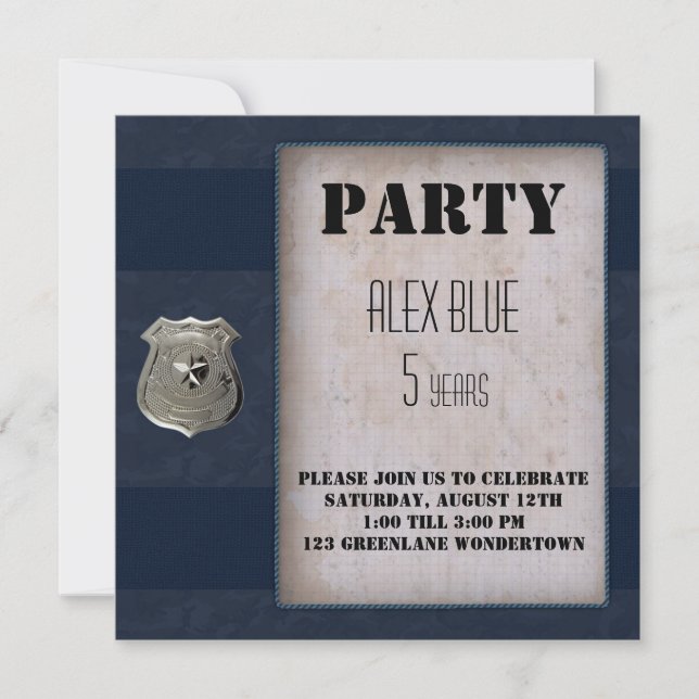 Invitación Cumpleaños azul temático de policía creativa 5 (Anverso)