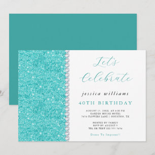 Invitación Cumpleaños azul turquesa con lentejuelas y diamant
