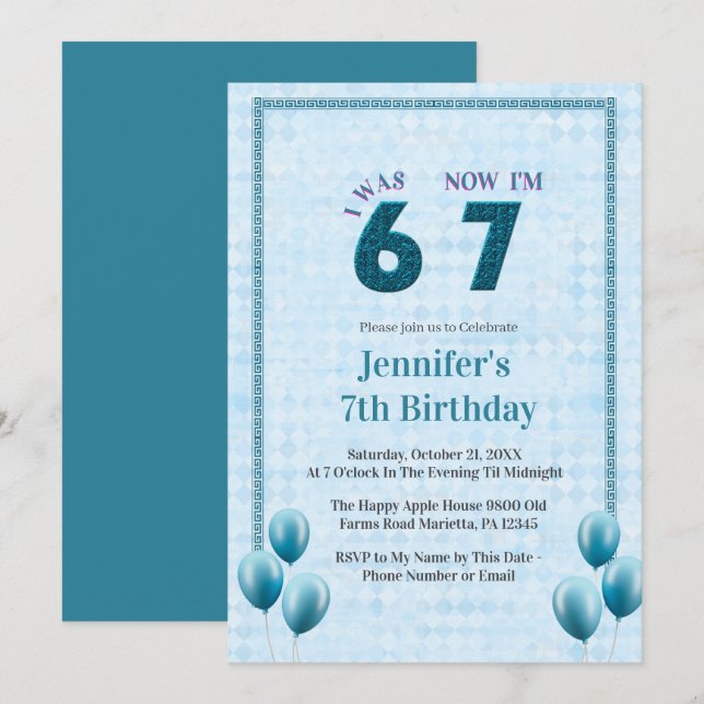 Invitación Cumpleaños Azul Turquesa De 6 a 7 Años (Anverso / Reverso)