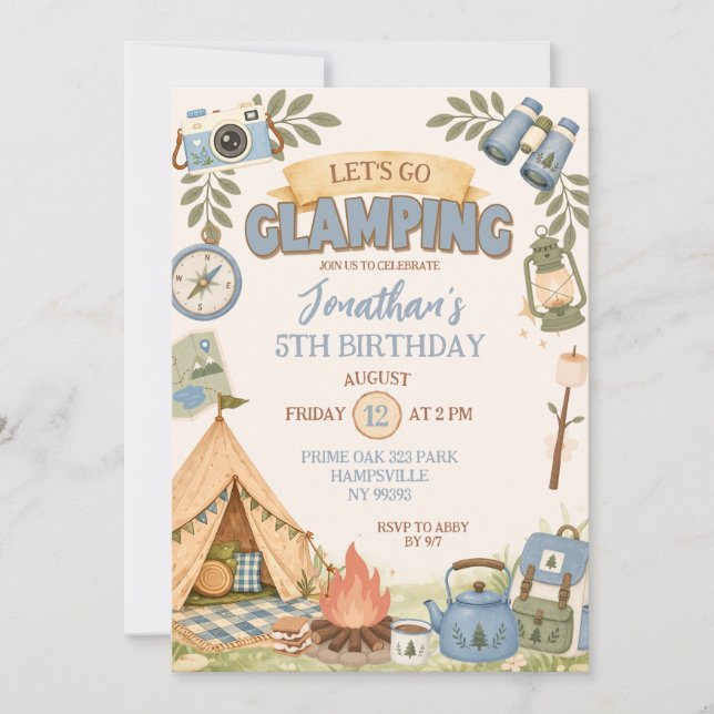 Invitación Cumpleaños Azul Vamos a Glamping (Anverso)