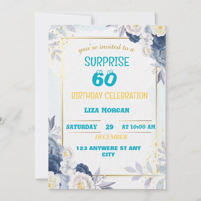 Invitación Cumpleaños azul y dorado moderno (Anverso)