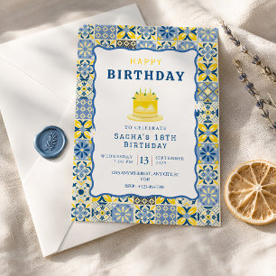 Invitación Cumpleaños Azulejo Mediterráneo Azul Amarillo