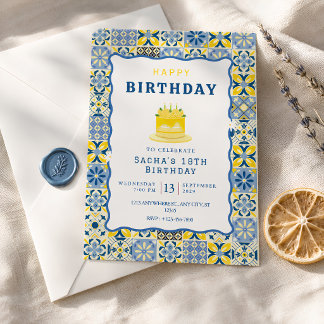 Invitación Cumpleaños Azulejo Mediterráneo Azul Amarillo
