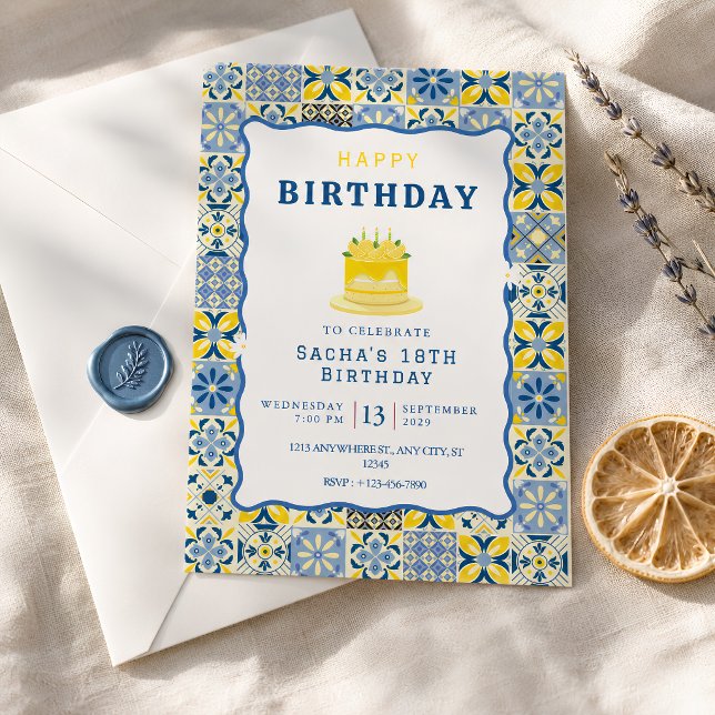 Invitación Cumpleaños Azulejo Mediterráneo Azul Amarillo (Subido por el creador)