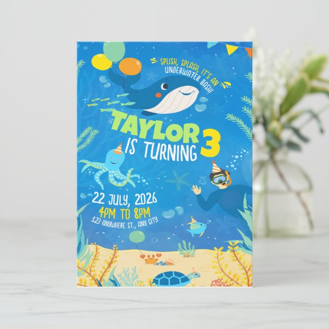 Invitación Cumpleaños Bajo El Mar, Cumpleaños Animales Marino (Anverso de pie)