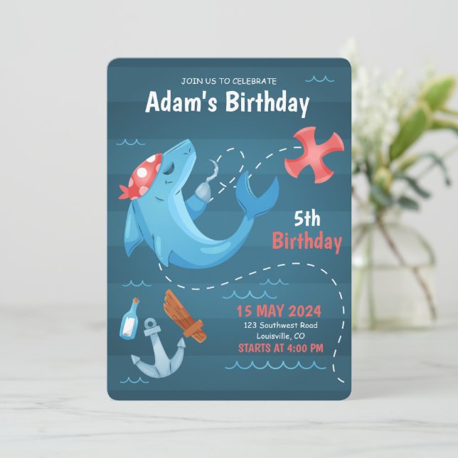 Invitación Cumpleaños Bajo El Mar Delfín, Océano Azul (Anverso de pie)