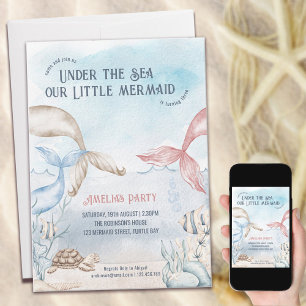 Invitación Cumpleaños Bajo el Mar Sirena Acuarela