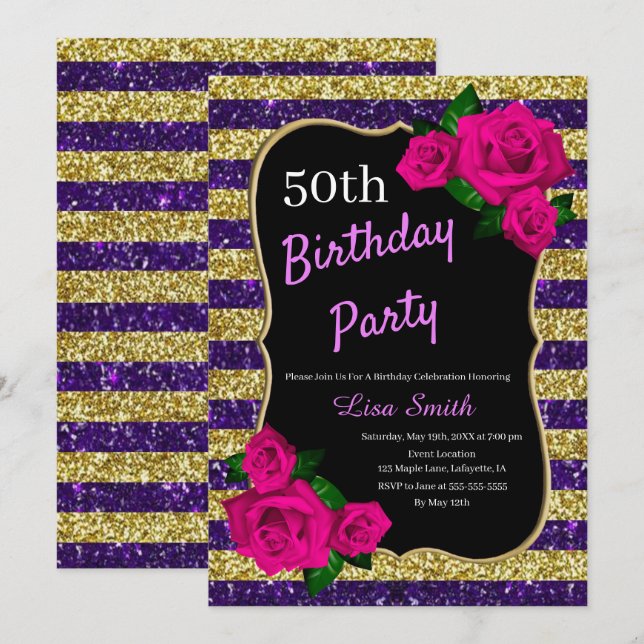 Invitación Cumpleaños Bandas de oro púrpura Purpurina rosas (Anverso / Reverso)