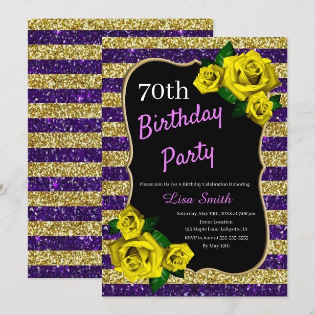 Invitación Cumpleaños Bandas de oro púrpura Purpurina Rosas A (Anverso / Reverso)