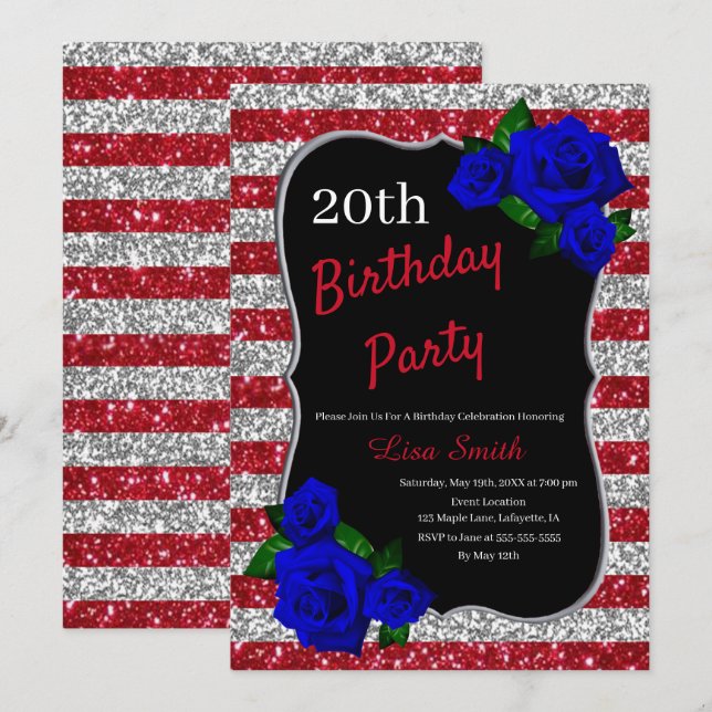 Invitación Cumpleaños Bandas de Plata Rojas Purpurina Rosa Az (Anverso / Reverso)