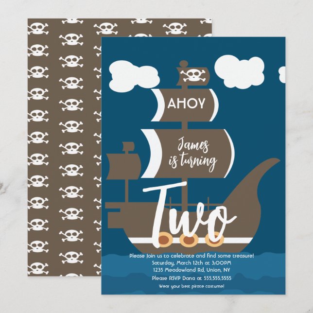 Invitación Cumpleaños Barco Pirata Ahoy Fiesta Cualquier Edad (Anverso / Reverso)