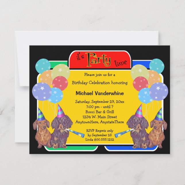 Invitación Cumpleaños Barker del perro del Dachshund (Anverso)