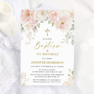 Invitación Cumpleaños Bautizo Floral Rosa Pálido Niña 1er