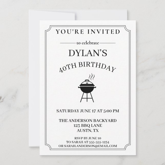 Invitación Cumpleaños BBQ Blanco y Negro (Anverso)