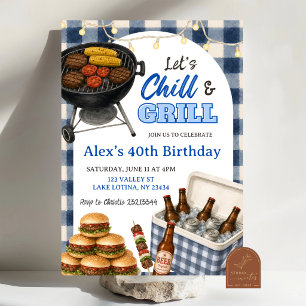 Invitación Cumpleaños BBQ Blue Gingham Grill and Chill