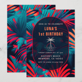 Invitación Cumpleaños Beach fiesta Palm Tree hojas sunset