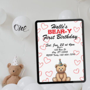 Invitación Cumpleaños BEAR-Y primero, oso de peluche lindo cu