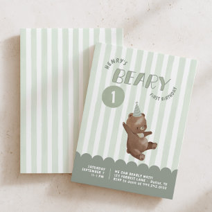 Invitación Cumpleaños Beary 1st Caprichoso Raya Verde