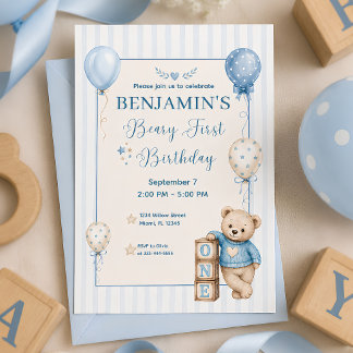 Invitación Cumpleaños Beary Primero Azul Bebé Niño 1er Cumple