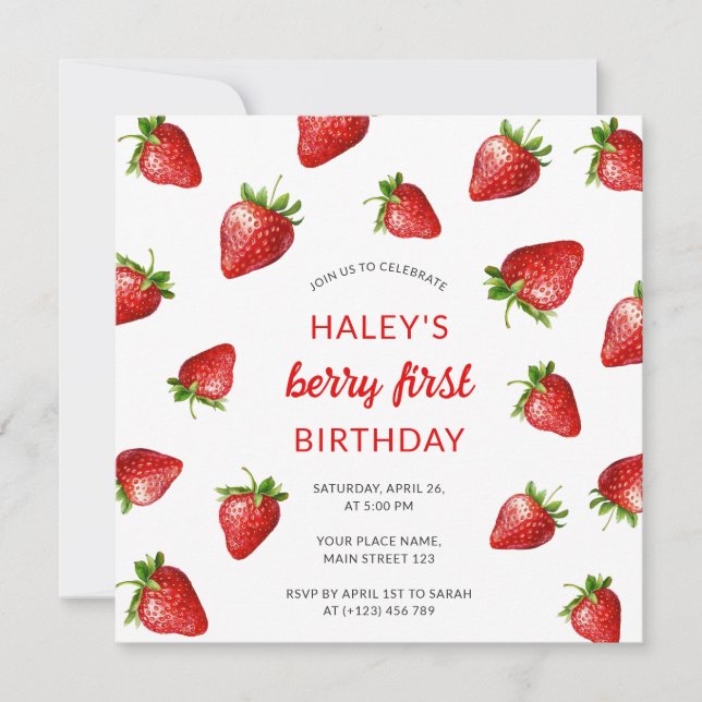 Invitación Cumpleaños bebé 1er fresa acuarela roja (Anverso)