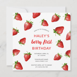 Invitación Cumpleaños bebé 1er fresa acuarela roja