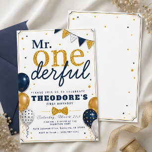 Invitación Cumpleaños bebé azul marino y dorado