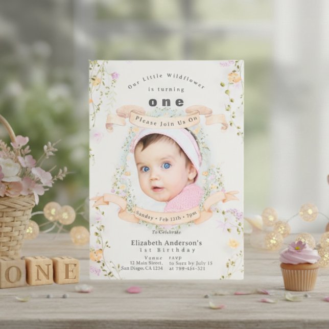 Invitación Cumpleaños bebé flores silvestres pastel elegante  (Elegant Pastel Wildflowers Baby Photo 1st Birthday Invitation )