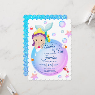 Invitación Cumpleaños Bebé Sirena Burbuja Brillo Púrpura Turq