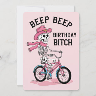 Invitación Cumpleaños Beep Beep Divertido Esqueleto Rosa Bici