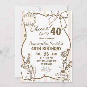 Invitación Cumpleaños Beige Garabato Manuscrito Champagne Che