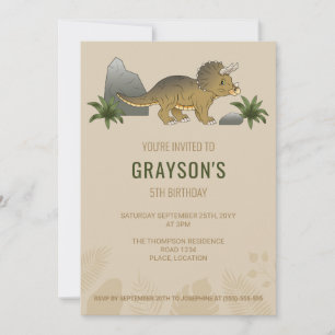 Invitación Cumpleaños beige minimalista de dinosaurio Tricera