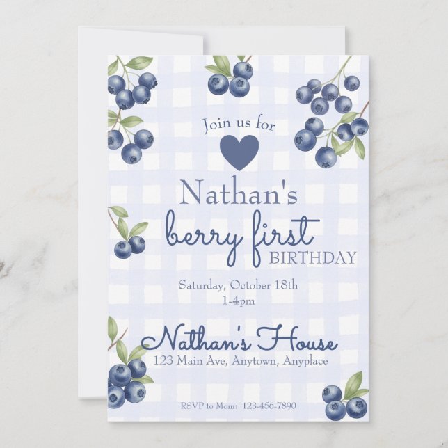 Invitación Cumpleaños Berry First 1st Arándano Gingham (Anverso)