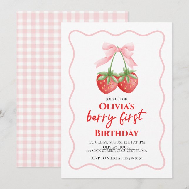 Invitación Cumpleaños Berry First Fresa Rosa Arco 1 (Anverso / Reverso)