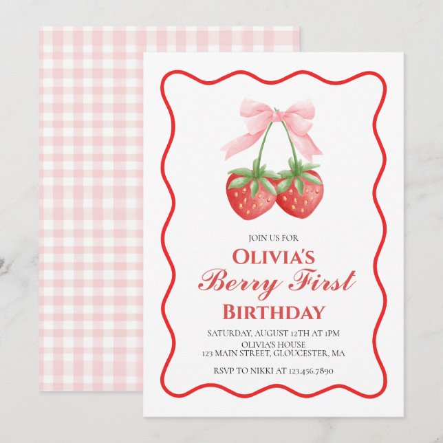 Invitación Cumpleaños Berry First Fresa Rosa Arco 1 (Anverso / Reverso)