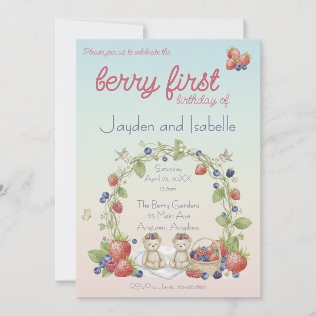 Invitación Cumpleaños Berry Primero de Gemelos (Anverso)