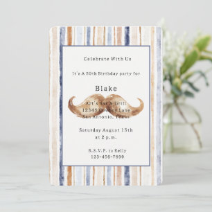 Invitación Cumpleaños Bigote Rayas Marrón Azul Crema