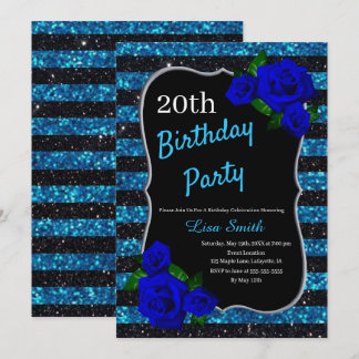 Invitación Cumpleaños Black Blue Stripes Purpurina Deep Blue