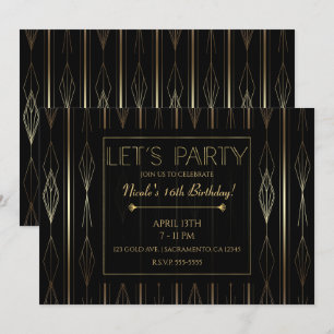 Invitación Cumpleaños Black & Gold Art Deco Vamos a la Fiesta